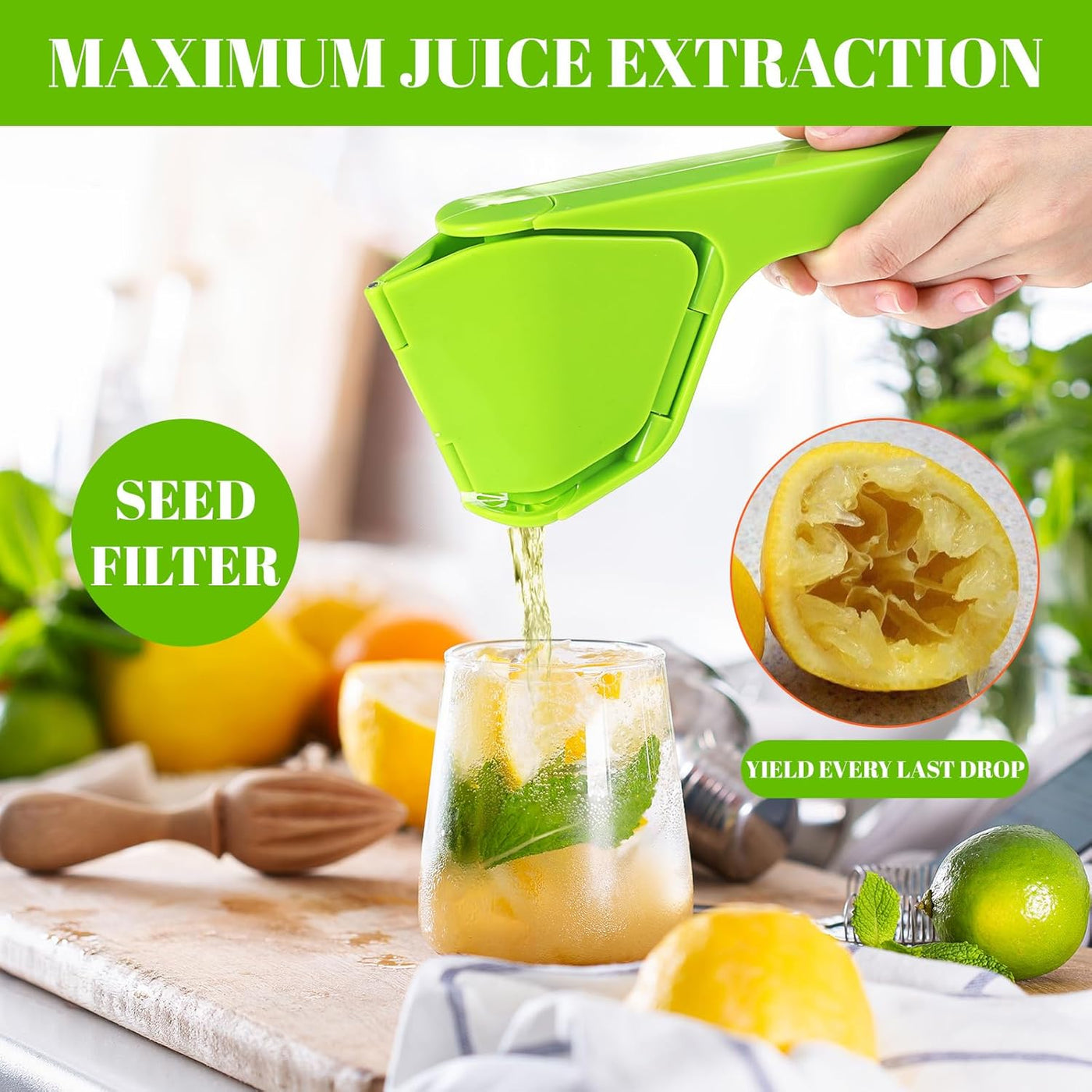 Lemon Squeezer, Fold-Flat Max Juice Extractor Lime Squeezer Effortless Hand Citrus Squeezers With Built-In Strainer Lemon Juicer Squeezers to Squeeze Lemon, Lime, Citrus, Orange(Green)